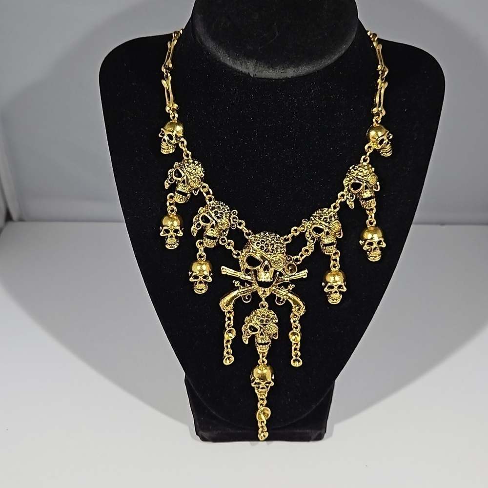 PIRATE SKULL Antiqued Goldtone Necklace